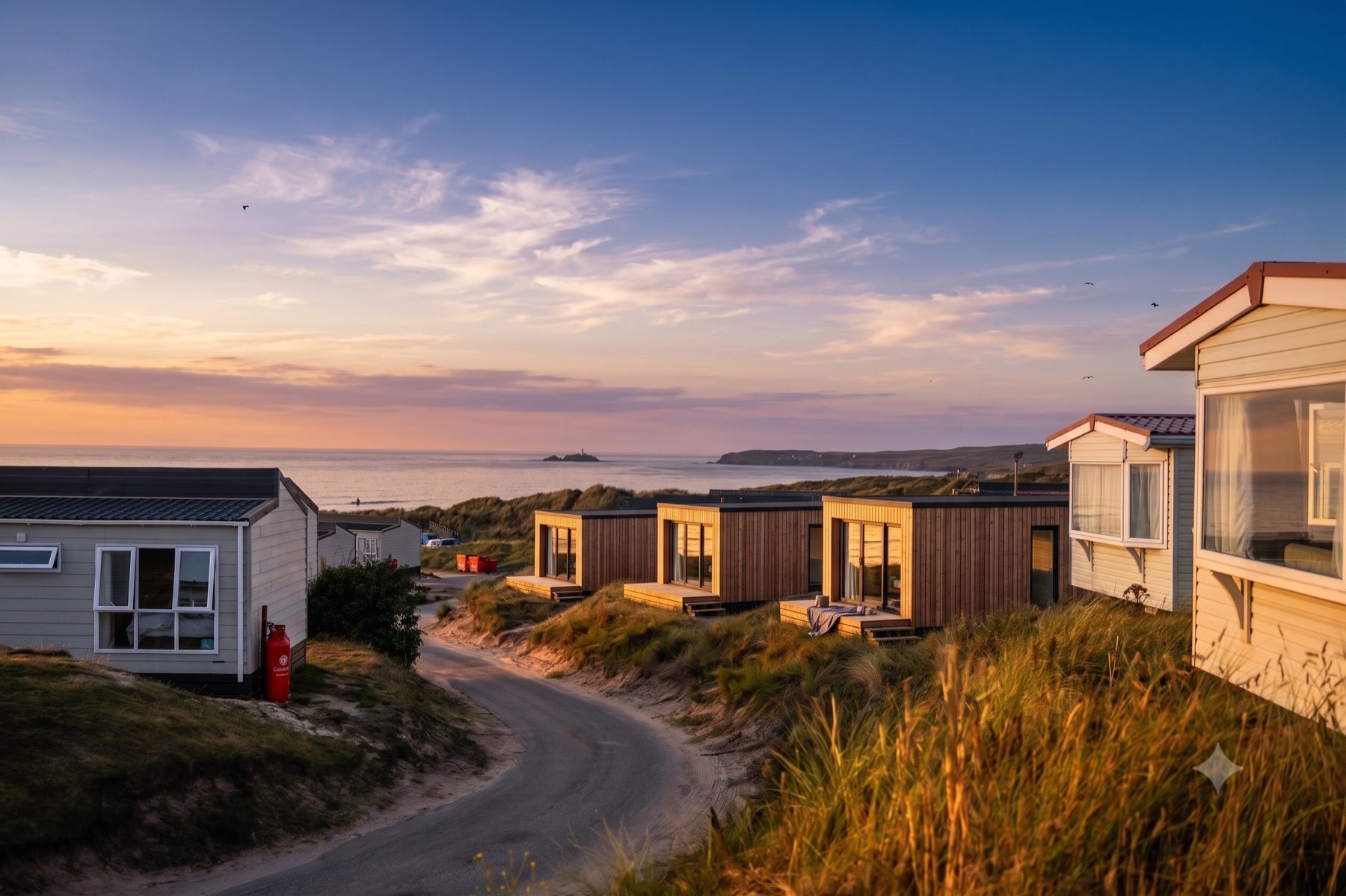 Neue Module zwischen alten Mobilheimen in den Dünen am Meer, Abendlicht