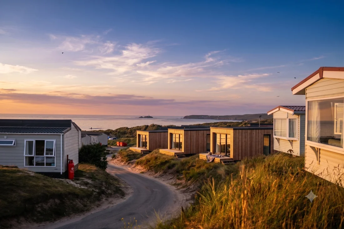 Neue Module zwischen alten Mobilheimen in den Dünen am Meer, Abendlicht