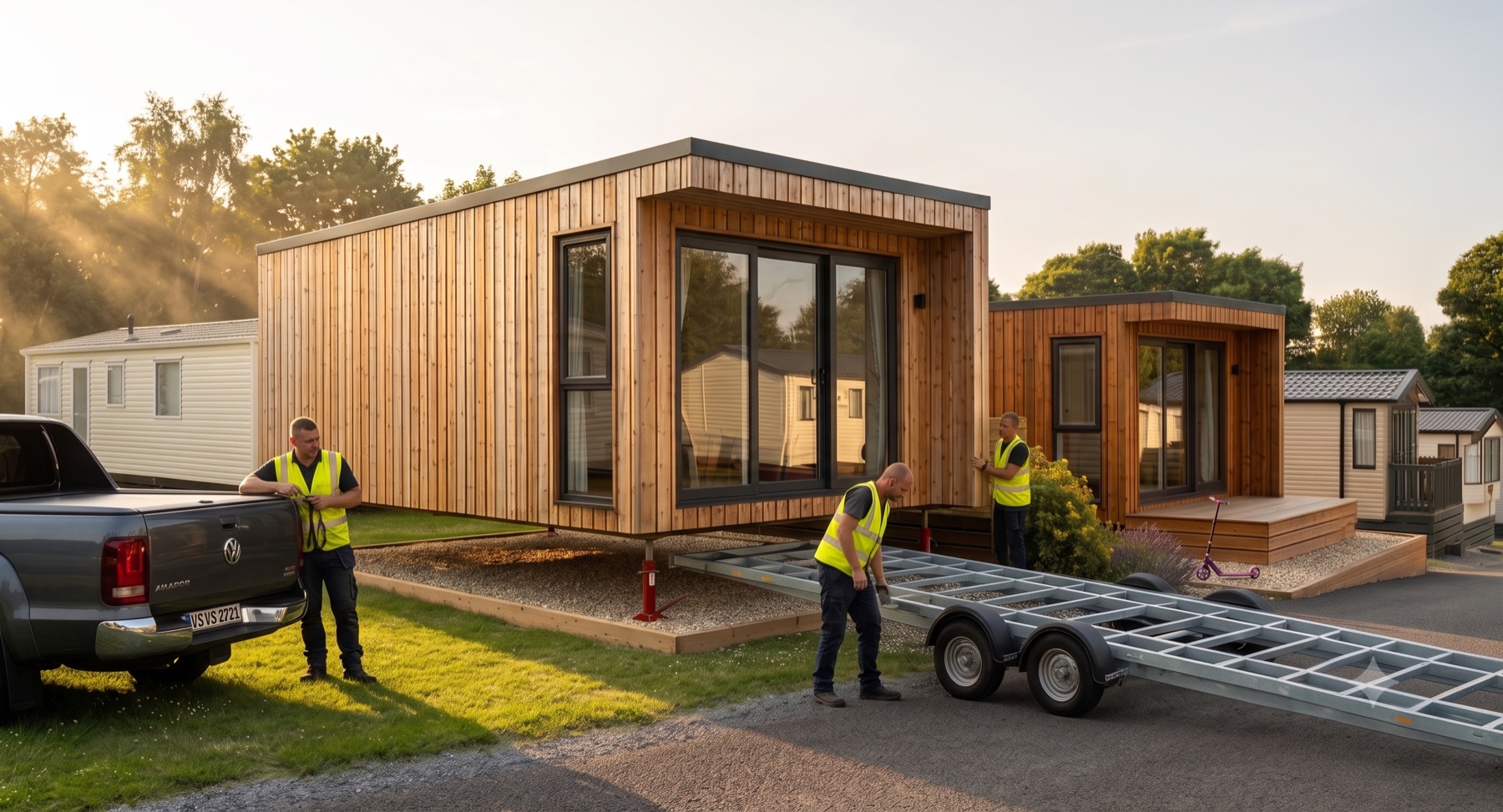 Modul-Tausch im laufenden Park: neues Modul auf Spindeln, Trailer herausgezogen