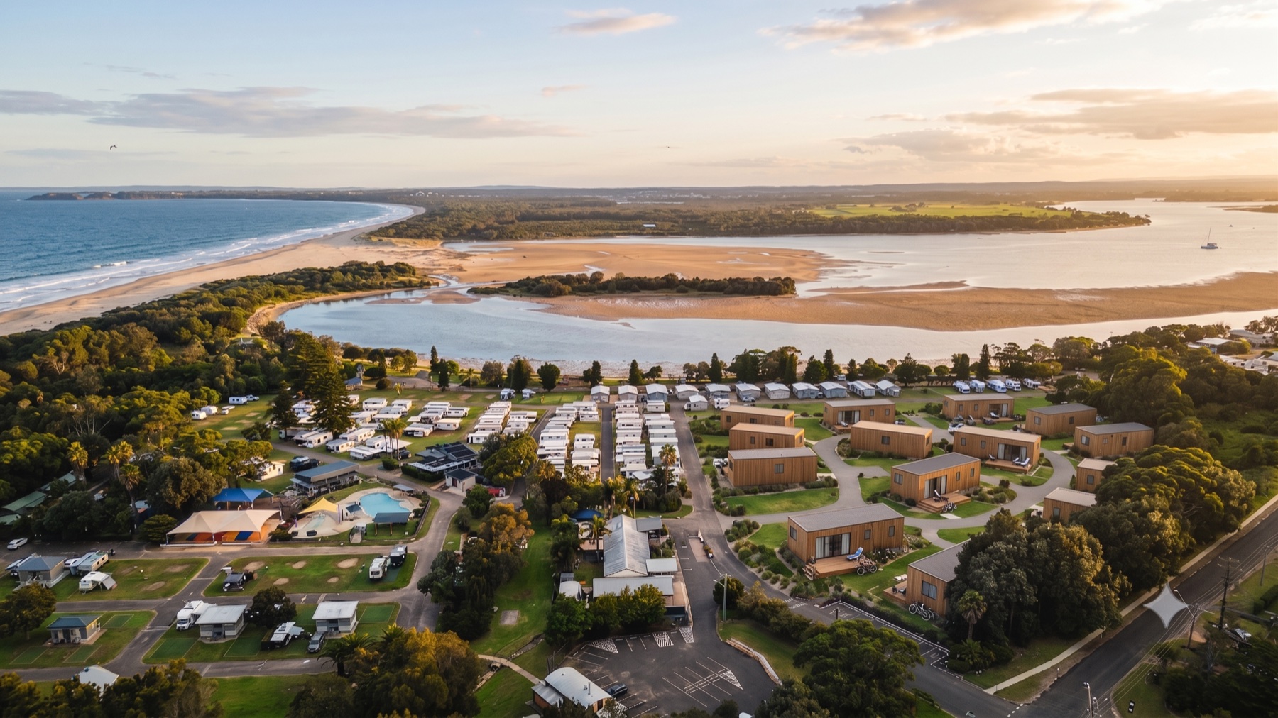 Luftaufnahme: erneuerte Modul-Zone neben dem Bestand an der Küste